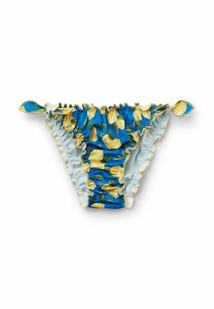 Bas de bikini floral avec des bords volants, affichant un fond bleu et un imprimé de citrons jaunes. Fabriqué en tissu extensible, avec des liens ajustables sur les côtés.