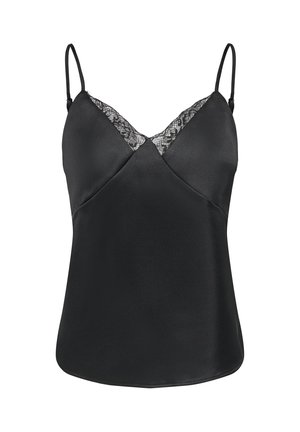 Sort satin camisole med tynde justerbare stropper og blondekant langs V-udskæringen. Glat, tætsiddende silhuet.