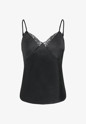 Sort satin camisole med tynde justerbare stropper og blondekant langs V-udskæringen. Glat, tætsiddende silhuet.