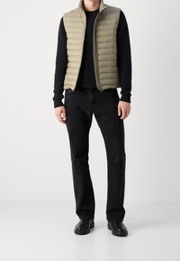 Gilet imbottito color oliva chiaro con motivo trapuntato verticale, maglia nera a maniche lunghe, jeans neri a gamba dritta e stivaletti neri.