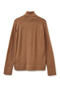 Brauner Rollkragenpullover mit strukturiertem Strick, langen Ärmeln und gerippten Bündchen. Mit einer taillierten Silhouette und nahtlosem Rücken entworfen.