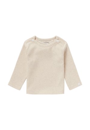 Cremfarbendes Langarmshirt aus geripptem Stoff, mit einem runden Halsausschnitt, Knopfdetails an den Schultern und einem kleinen Logo auf der Vorderseite.