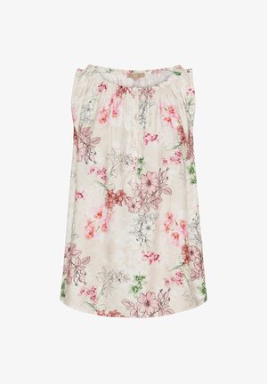 Blomsterkjole i let stof med pastelfarver. Har elastisk halsudskæring, korte ærmer og knapdetalje foran.