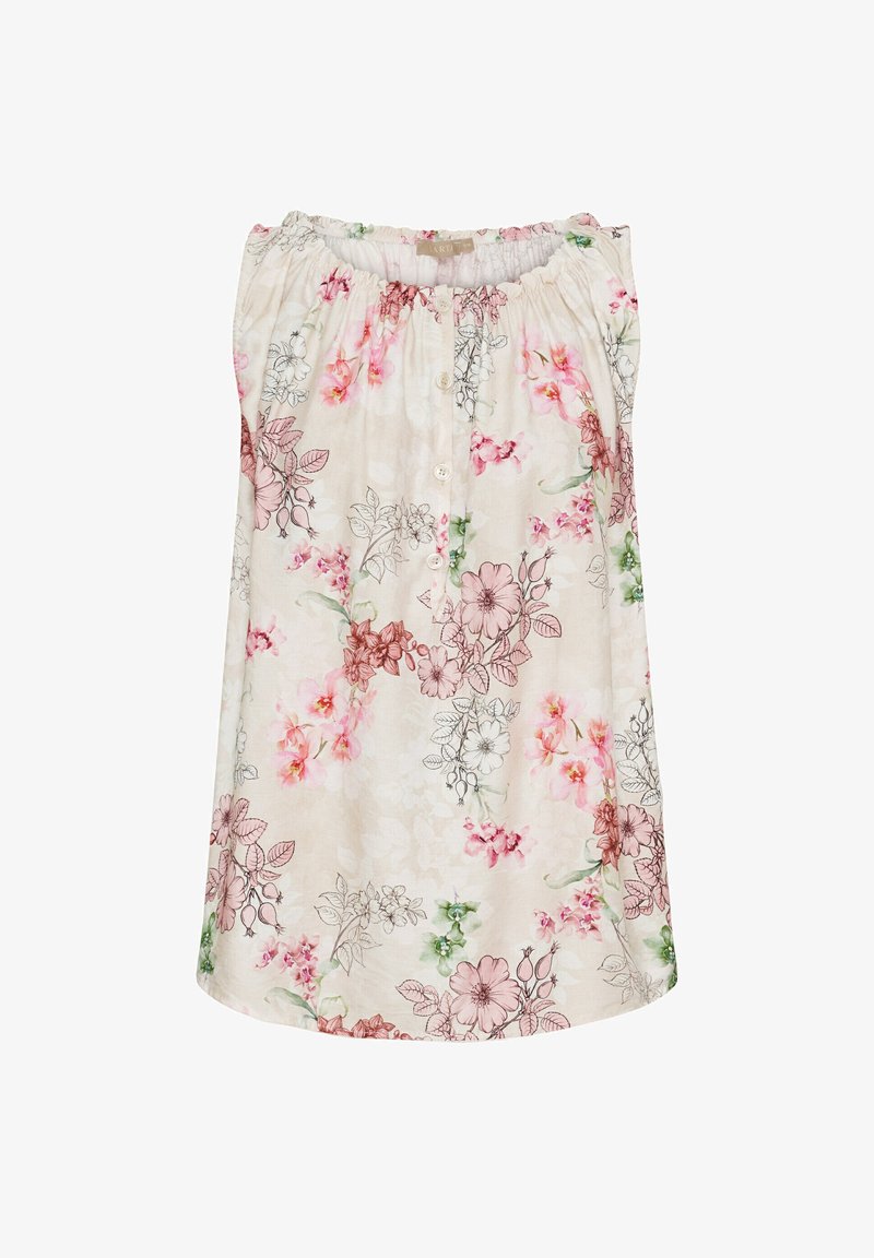 Blomsterkjole i let stof med pastelfarver. Har elastisk halsudskæring, korte ærmer og knapdetalje foran.