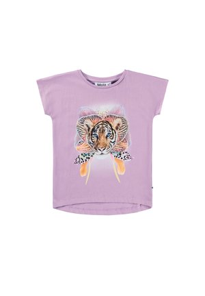 Lila pamut póló, színes tigris grafikával, virágmintázattal körülvéve. Rövid ujjú, laza szabású, ívelt aljjal.