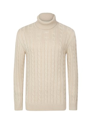 Pull à col roulé en maille torsadée couleur crème, manches longues avec poignets et ourlet côtelés, vue de face sur fond blanc.