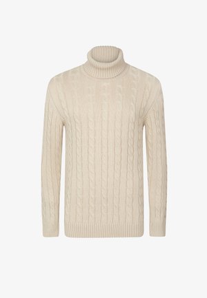 Pull à col roulé en maille torsadée couleur crème, manches longues avec poignets et ourlet côtelés, vue de face sur fond blanc.