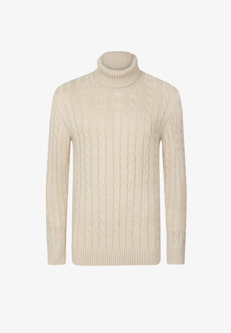 Pull à col roulé en maille torsadée couleur crème, manches longues avec poignets et ourlet côtelés, vue de face sur fond blanc.