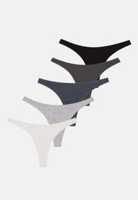 Cotton thong underwear set featuring five pairs in black, dark grey, light grey, navy, and white; seamless design and minimal coverage.