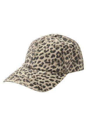 Casquette de baseball à motif léopard beige et noir, couronne structurée et visière incurvée, isolée sur fond blanc.