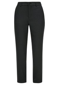 Pantalon slim noir et gris foncé à motif pied-de-poule avec fermeture avant à boutons et zip.