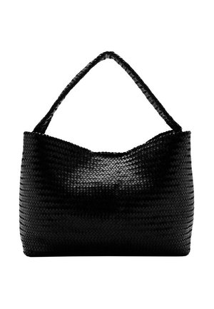 Sac à main tissé noir avec une anse unique tressée, forme rectangulaire et surface texturée brillante.