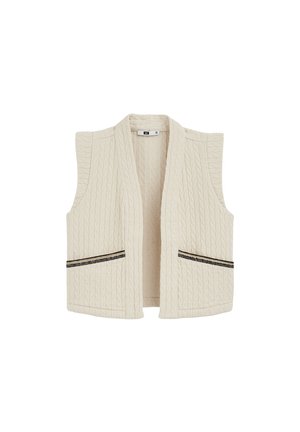 Bezrękawnik w kremowym kolorze pikowany, z otwartym przodem i dwoma przednimi kieszeniami z czarnymi zamkami błyskawicznymi.