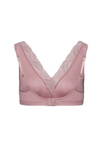 Roze draadloze beha met een diepe V-halsontwerp, kantafwerking bij de schouders en verstelbare bandjes met een haaksluiting aan de achterkant.