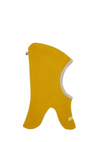Geel vilten balaclava met grijze rand, voorzien van een unieke vorm met uitsparingen voor zichtbaarheid en een klein logo-label aan de zijkant.