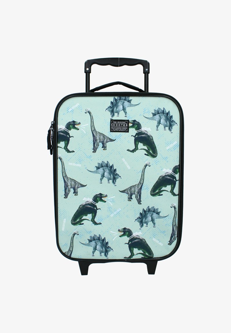 Harde rugzak koffer met een mintgroene achtergrond en dinosaurussen in verschillende kleuren en poses. Zwarte ritssluiting en handvat.