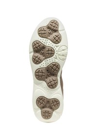 Sole di scarpa in pelle marrone con una base in gomma bianca, dotata di pod di trazione circolari, fori di ventilazione e branding Geox.