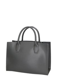 Gestructureerde grijze leren handtas met dubbele ronde handvatten, voorzien van een textuur en subtiele stikdetails.