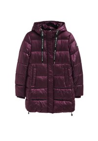 Pufferjacka i djup lila med blank finish, huva, två framfickor och svarta dragsnören med märket "Polo Club".