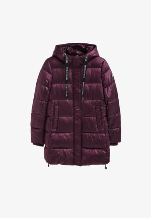 Steppjacke in tiefem Violett mit glänzendem Finish, Kapuze, zwei Fronttaschen und schwarzen Kordeln mit "Polo Club"-Markenaufdruck.