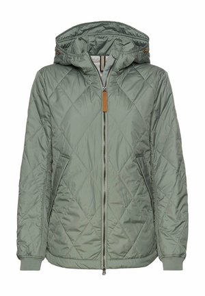 Gevoerde pufferjas in saliegroen, met een capuchon, een ritssluiting aan de voorkant, zijzakken, elastische manchetten en een bruine leren accent op de rits.