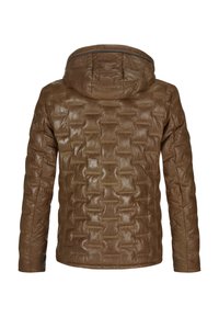Braune Pufferjacke mit einem strukturierten, gesteppten Design und einer Kapuze. Verfügt über eine glatte Oberfläche sowie einen verdeckten Reißverschluss an der Vorderseite und in den Taschen.