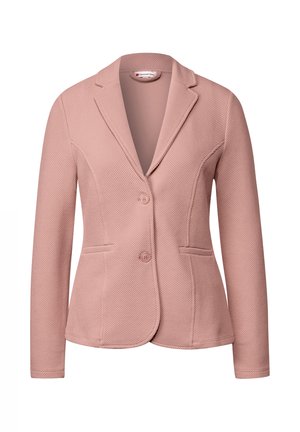 Blazer rose clair en tissu texturé, avec un col à revers, deux poches avant et deux boutons, coupe ajustée.