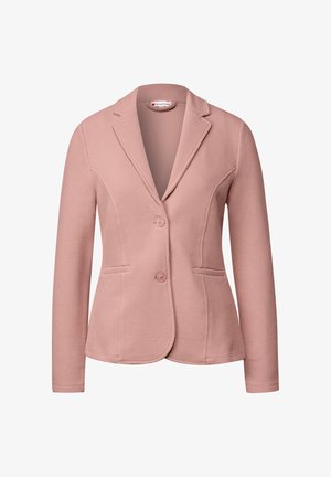 Blazer rosa chiaro realizzato in tessuto testurizzato, con colletto a rever, due tasche frontali e due bottoni, vestibilità sartoriale.