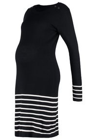 Vestido de maternidad negro con mangas largas, dobladillo blanco a rayas, tejido de punto suave, escote redondo y botones decorativos en el hombro.