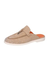 Beige suède instappers met een ronde neus, versierd met multikleurige strass-steentjes en een decoratieve band, met een witte zool.