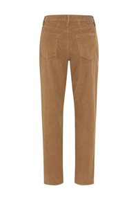 Pantalons en velours côtelé marron avec une coupe droite ; dotés de deux poches arrière et d'une taille surpiquée. Texture douce, sans motifs visibles.