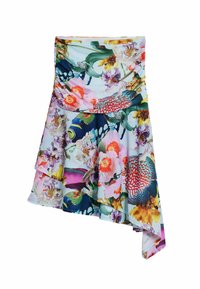 Floral wrap skirt in lightweight fabric featuring vibrant colors, asymmetrical hem, and a mix of fish and flower patterns.