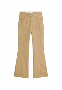 Pantalon évasé khaki avec une texture lisse, des poches avant, une fermeture par bouton et deux plis verticaux sur le devant.