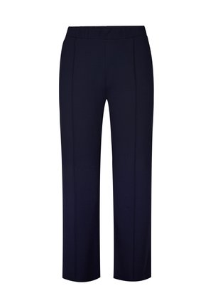 Marineblauwe broek met elastische taille en een wijd slim fit ontwerp, met twee voorplooien, een gladde textuur en een recht gesneden silhouet.