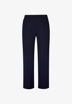 Marineblauwe broek met elastische taille en een wijd slim fit ontwerp, met twee voorplooien, een gladde textuur en een recht gesneden silhouet.