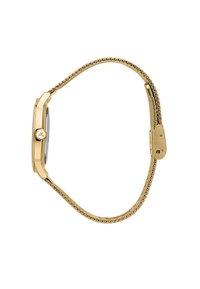 Orologio da polso con finitura dorata, dotato di una cassa rettangolare, cinturino testurizzato e un quadrante circolare con una semplice corona. Design del cinturino a maglia metallica.