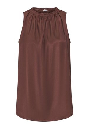 Sleeveless top in a rich brown color, featuring a gathered neckline and a smooth, shiny texture for a sleek appearance.