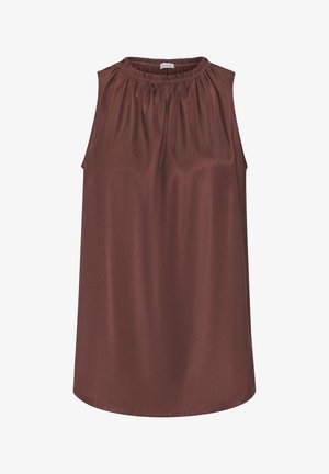 Sleeveless top in a rich brown color, featuring a gathered neckline and a smooth, shiny texture for a sleek appearance.