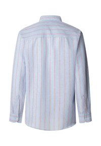 Light blue long-sleeve shirt with vertical red and white stripes, a pointed collar, and buttoned cuffs. Smooth fabric and straight hem.