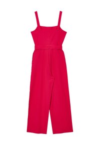 Fuchsia Jumpsuit mit quadratischem Ausschnitt, schmalen Trägern, tailliertem Bund und weitem Bein, gefertigt aus einem glatten Stoff.