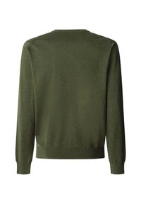Maglione verde in maglia con maniche lunghe, scollatura rotonda, polsini e orlo a costine. Tessuto liscio di un colore unico, senza motivi o dettagli decorativi.