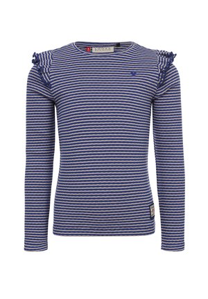 Lange mouwen top in blauw en crème horizontale strepen, met ruches op de schouders en een klein logo op de borst.