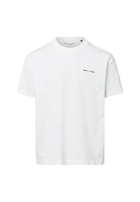 White cotton t-shirt with a crew neck, short sleeves, and a small black logo on the left chest area. Smooth texture, relaxed fit.