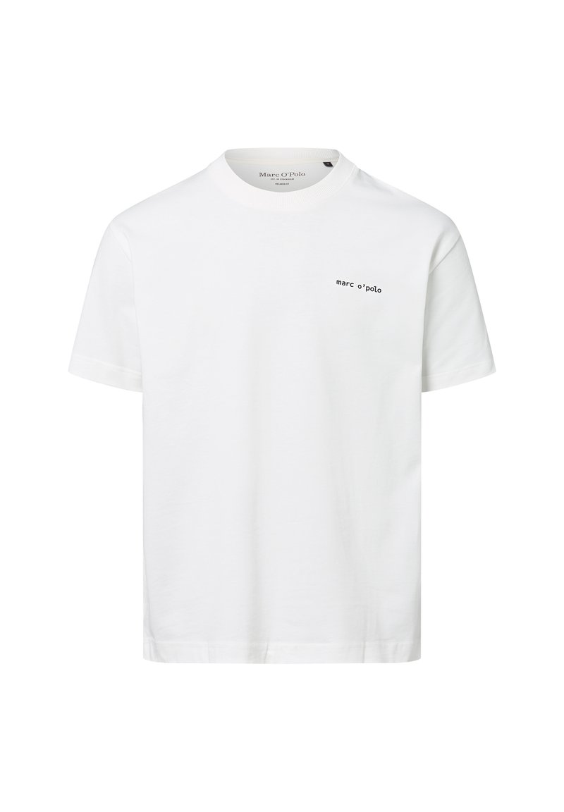 White cotton t-shirt with a crew neck, short sleeves, and a small black logo on the left chest area. Smooth texture, relaxed fit.