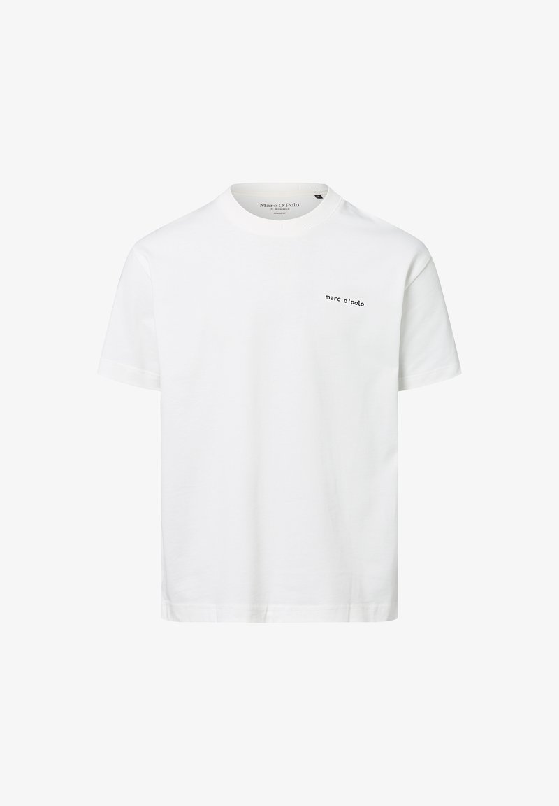 Weißes Baumwoll-T-Shirt mit Rundhalsausschnitt, kurzen Ärmeln und kleinem schwarzem Logo auf der linken Brustseite. Glatte Textur, lockere Passform.