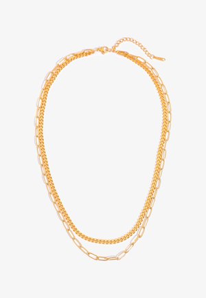 Doppelreihige Goldkette mit einer dünnen Ketten in Paperclip-Optik und einer dickeren Flachpanzerkette, verstellbarer Verschluss auf weißem Hintergrund.