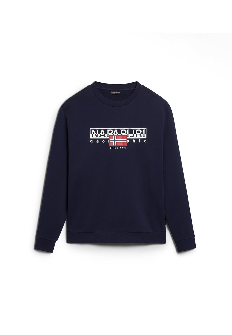 Dunkelblauer Sweater aus weichem Stoff mit langen Ärmeln. Mit einem grafischen Logo mit einer norwegischen Flagge und Text, rundem Halsausschnitt und gerippten Bündchen.