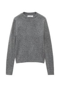 Pull en laine gris à manches longues et col rond, avec poignets et ourlet côtelés, présenté sur fond blanc.