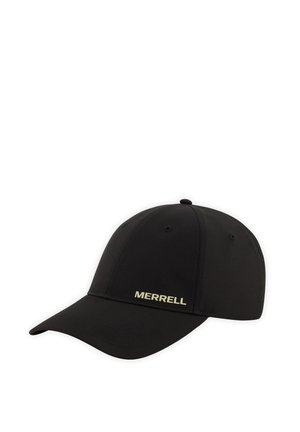 Sort baseballkasket med buet skygge og "MERRELL"-logo i lys farve på frontpanelet.