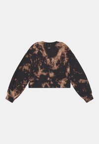 Felpa corta nera con un motivo tie-dye in tonalità di beige e marrone. Presenta maniche lunghe e un collo rotondo. Tessuto morbido.